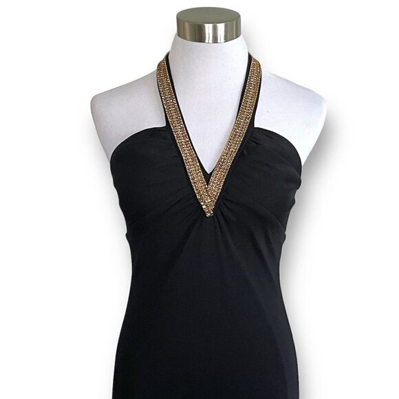Y2K Vintage Prom Gown Sz P Petite Black Halter Rhinestone Halter Maxi Dress - Picture 5 of 12